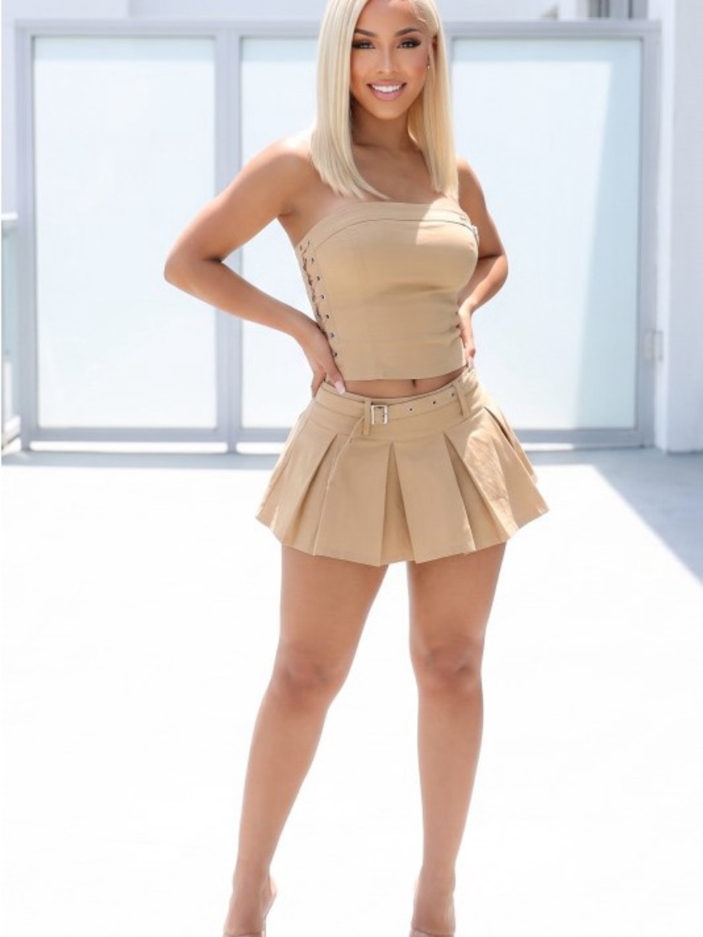 High-Rise Pleated Skort w/Belt & Matching Tube Top - Beige ST-80037-5CLRS4